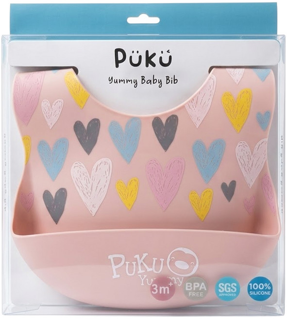 PUKU 藍色企鵝 Yummy矽膠圍兜, 愛心粉, 1入, 1件