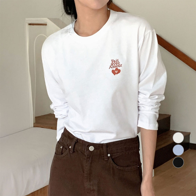 아피나르 여성용 릴렉스드핏 자수 긴팔 순면 티셔츠