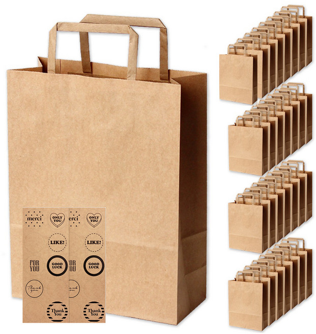 포포팬시 크라프트 쇼핑백 + 데코스티커, 브라운, 30개