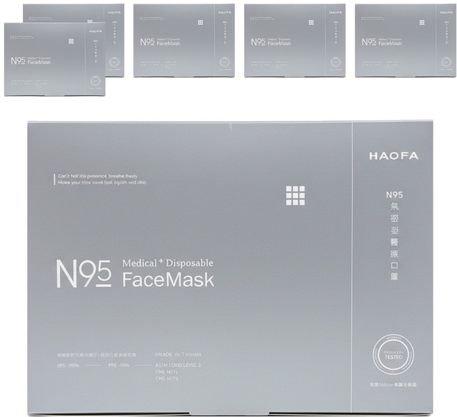 HAOFA N95立體醫療口罩 氣密型 S, 6組, 純白色灰耳版, 30片