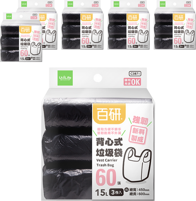 UdiLife 優的生活大師 百研 背心垃圾袋 C0871 黑色, 15L, 6包