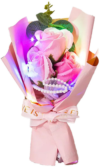 LED 珍珠冷美人玫瑰香皂花束 PVC 盒裝, 粉色