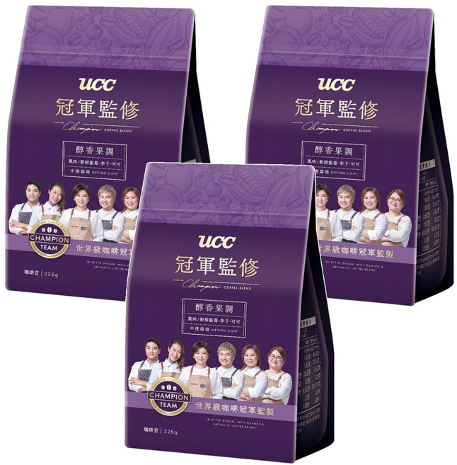 ucc Champion Coffee Blend 冠軍監修 醇香果調咖啡豆, 咖啡豆(無研磨), 225g, 3包