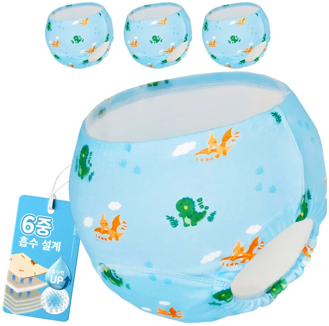 아띠래빗 유아용 순면 6중 배변훈련팬티, 다이노, 4개 - 쿠팡