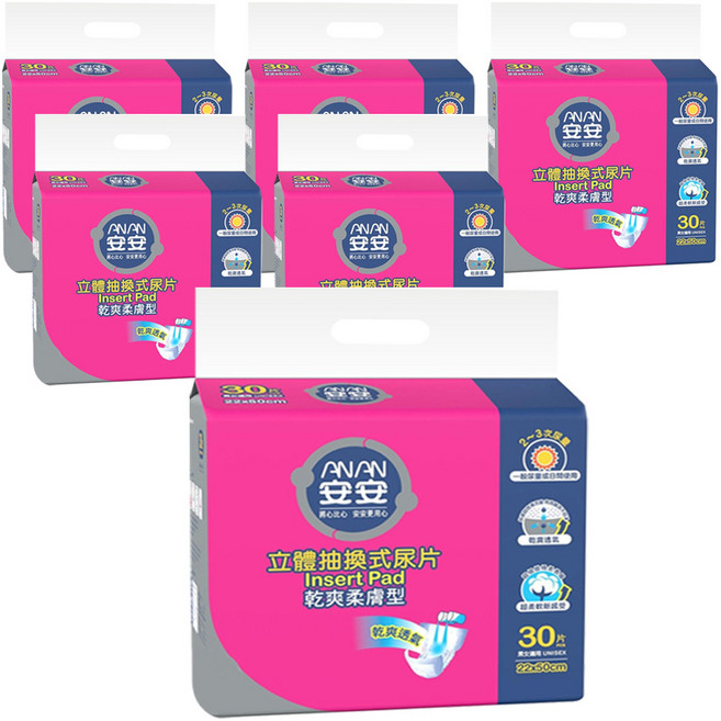安安 立體抽換式尿片 乾爽柔膚型, 22 x 50cm, 30片, 6包