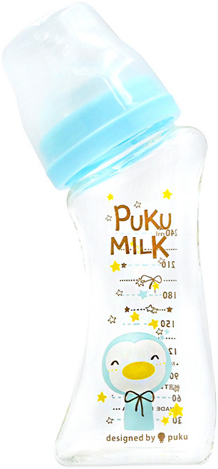 PUKU 藍色企鵝 倍特曲線玻璃奶瓶 6個月以上, 夢想藍, 240ml, 1個
