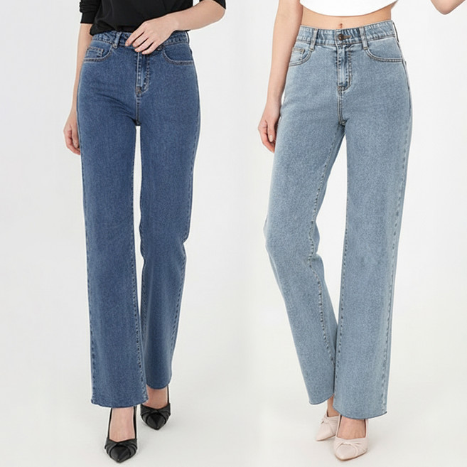 닷이프 여성용 롱 기장 스판좋은 히든밴딩 와이드 슬림핏 청바지 2p 세트