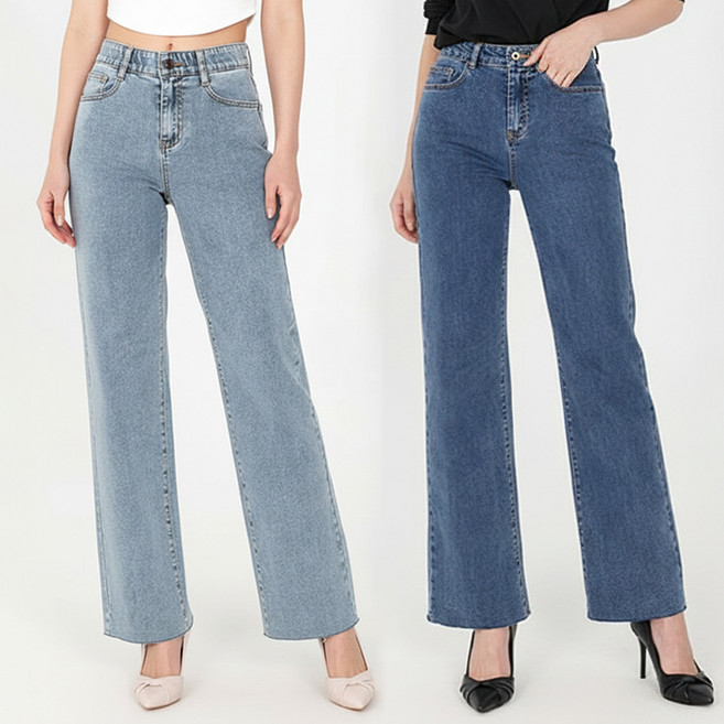 닷이프 여성용 숏 기장 스판좋은 히든밴딩 와이드 슬림핏 청바지 2p 세트