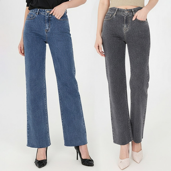 닷이프 여성용 숏 기장 스판좋은 히든밴딩 와이드 슬림핏 청바지 2p 세트