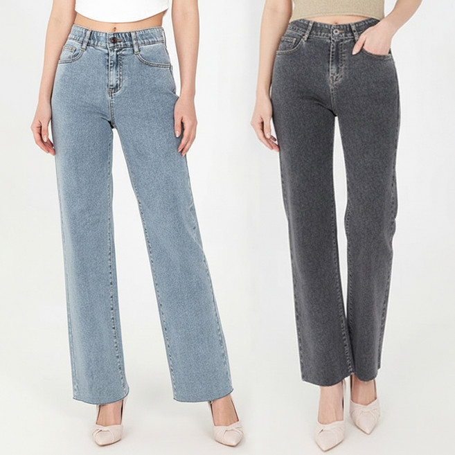 닷이프 여성용 숏 기장 스판좋은 히든밴딩 와이드 슬림핏 청바지 2p 세트