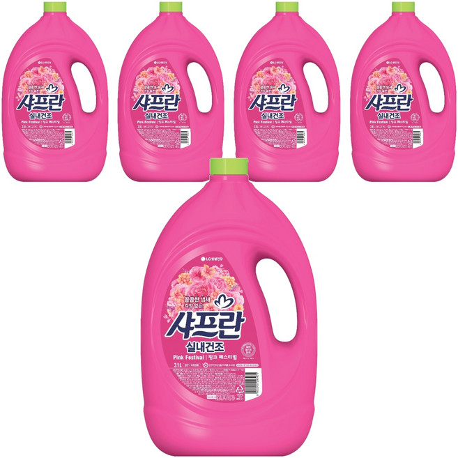 샤프란 실내건조 섬유유연제 핑크 페스티벌 본품, 3.1L, 5개