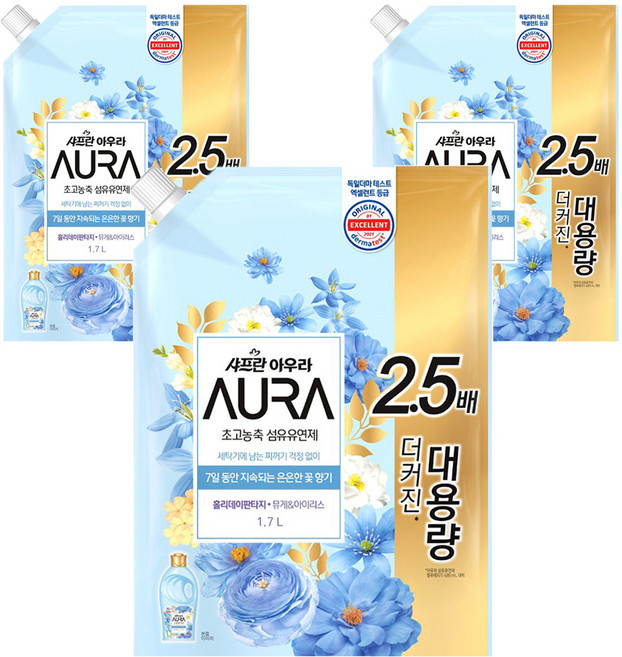 아우라 초고농축 섬유유연제 홀리데이판타지 리필, 1.7L, 3개