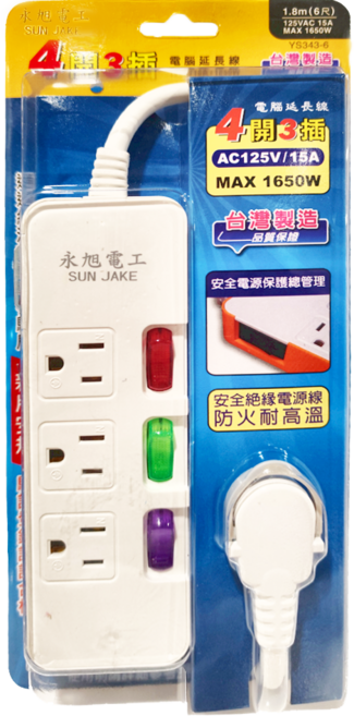 SUN JAKE 4開3插延長線 3P, 1.8m, 白色, 1條