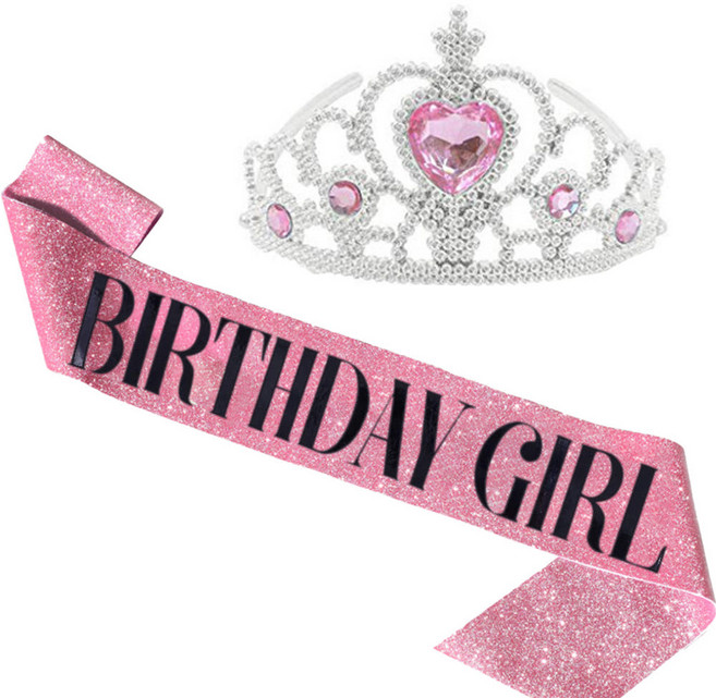 미미파티 생일 공주 티아라 왕관 어깨띠 세트, 핑크, 1세트