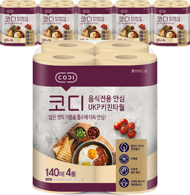 코디 음식전용 안심 천연펄프 키친타월, 140매, 24개