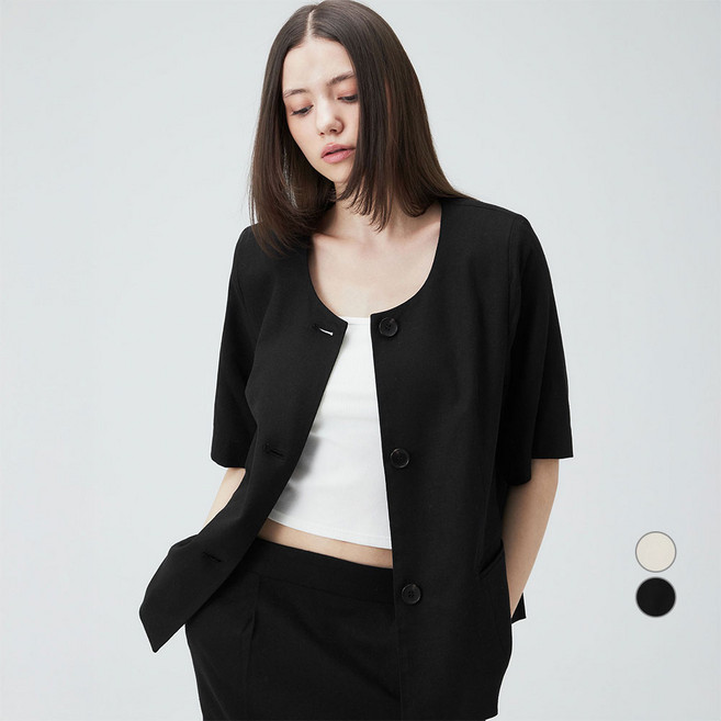 ELLE PARIS 여성용 소프트 린넨 라운드넥 하프 슬리브 싱글 블레이저