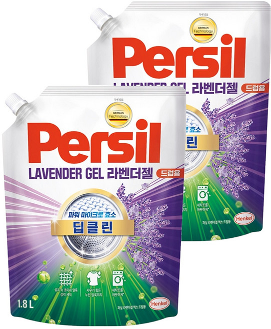 퍼실 딥클린 초미세세탁 라벤더젤 맥스 드럼용 액체세제 리필, 1.8L, 2개