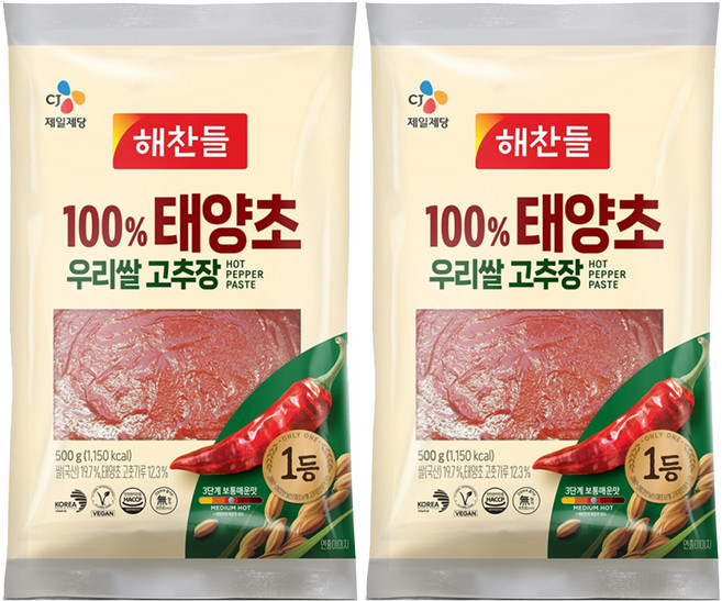 해찬들 100% 태양초 우리 쌀 고추장 봉, 500g, 2개