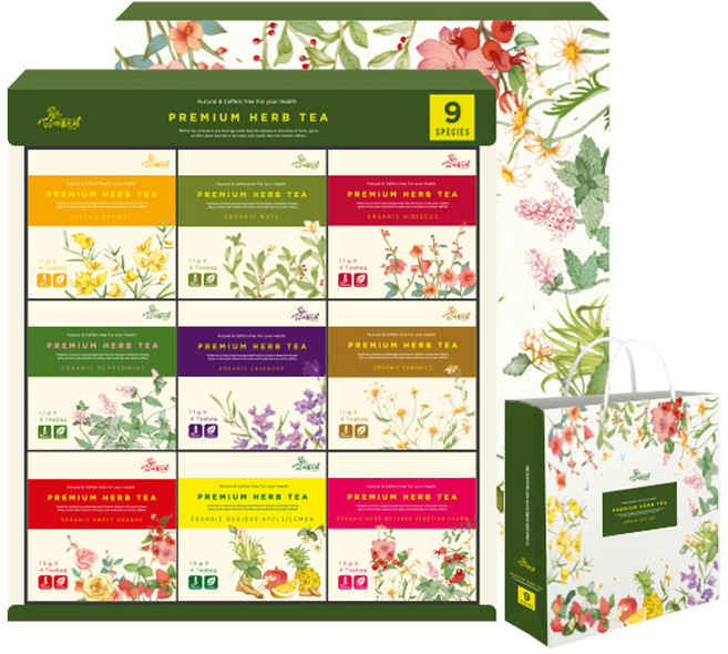 아름드레 유기농 삼각티백 허브차 선물세트 + 쇼핑백, 9종, 1세트