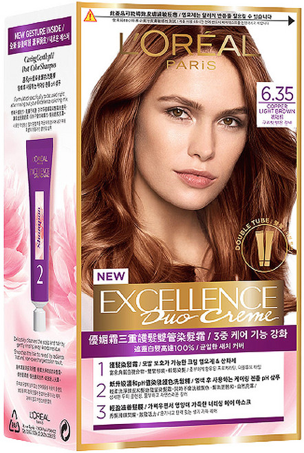 L'OREAL PARiS 巴黎萊雅 優媚霜三重護髮雙管染髮霜 輕鬆補染局部蓋白 省用量 升級養護配方, 6.35 琥珀棕, 1組