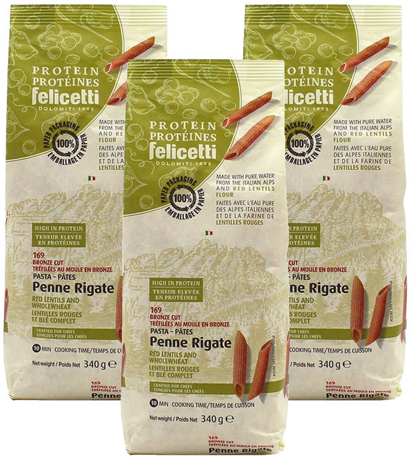 펠리체티 유기농 프로틴 레드렌틸 통밀 펜네, 340g, 3개