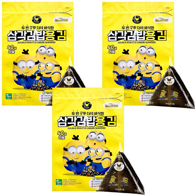 만전김 미니언즈 두번 구운 삼각김밥용 김 리필용 40매입, 48g, 3개