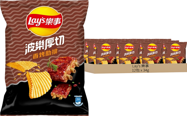 Lay's 樂事 波樂厚切洋芋片 香烤肋排口味, 34g, 12包