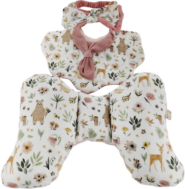 Lianne Baby 梨安舞兜小裁縫 粉鹿熊森林 韓國有機棉嬰兒禮盒 蝴蝶枕 + 圍兜 + 髮帶 600g, 粉色, 1入, 1組