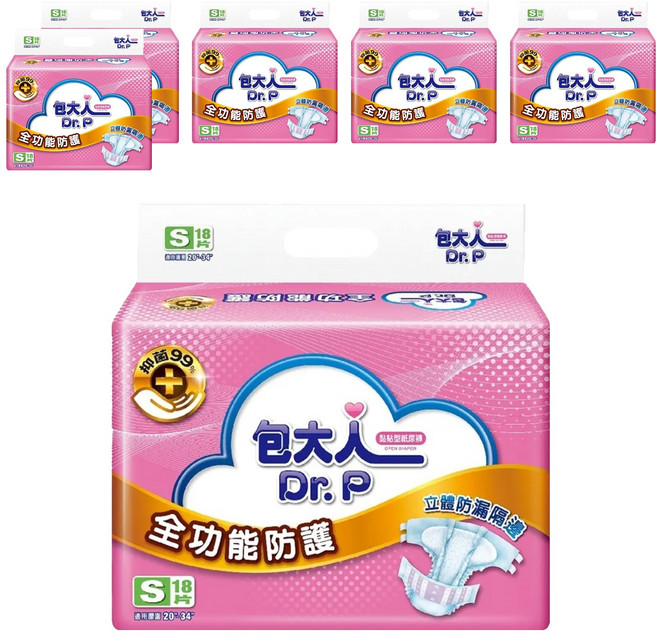 Dr.P 包大人 全功能防護 黏貼型成人紙尿褲 立體防漏隔邊 3效護膚, S, 18片, 6包