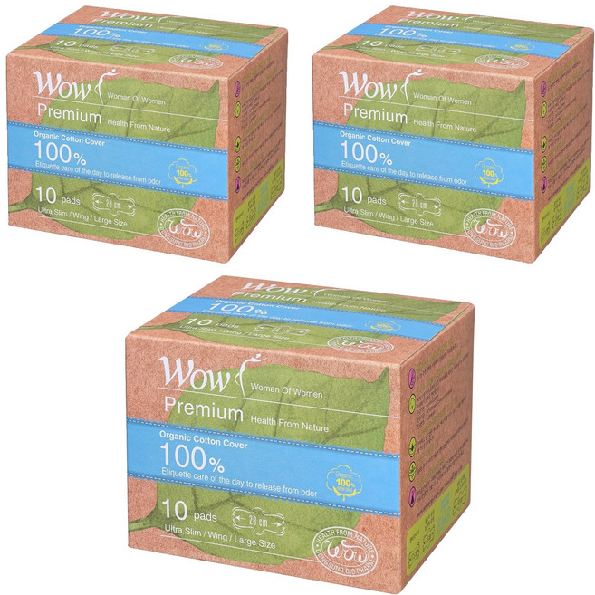 와우 프리미엄 오가닉 코튼 커버 생리대 날개형, 대형, 10개입, 3개