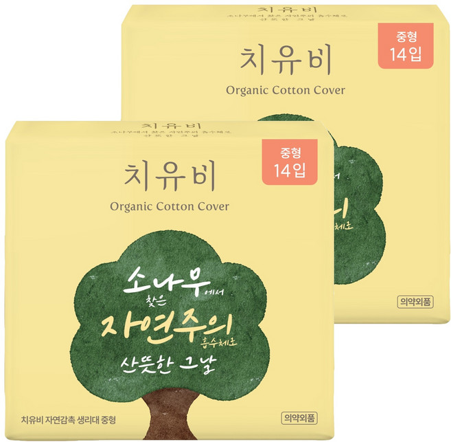 치유비 자연감촉 생리대 날개형, 중형, 14개입, 2개