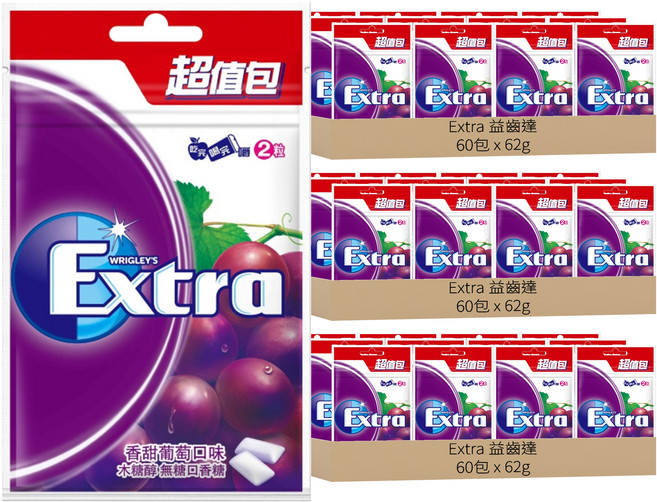 Extra 益齒達 木醣醇 無糖口香糖 香甜葡萄口味, 62g, 180包