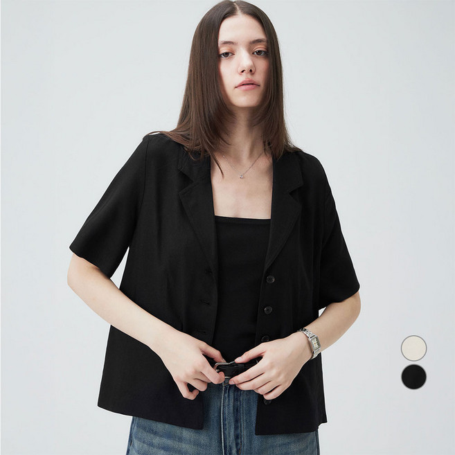 ELLEPARIS 여성용 소프트 린넨 노치드 라펠 숏 슬리브 자켓