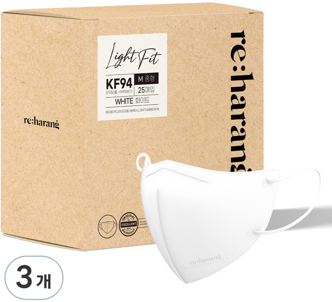 리하랑 KF94 라이트핏 2D 새부리형 일회용마스크 중형, 25개입, 3개, 화이트