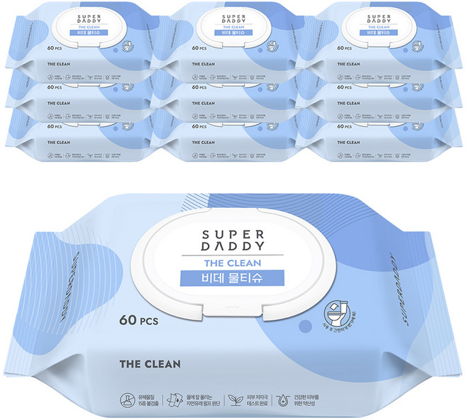슈퍼대디 더클린 비데 물티슈 캡형, 60g, 60개입, 10개