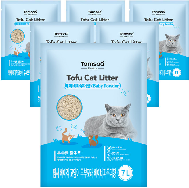 탐사 베이직 프리미엄 고양이 두부모래 베이비파우더향 7L (약 2.8 kg), 6개