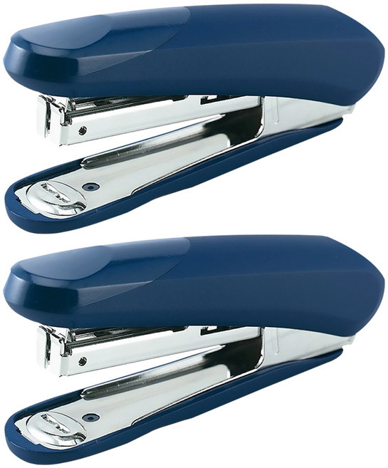 PLUS 普樂士 舒適訂 10號訂書機 流線造型 人體工學設計 附拇指案壓凹槽 底部附除針器 底座拉開可當圖釘使用, 藍, 2個