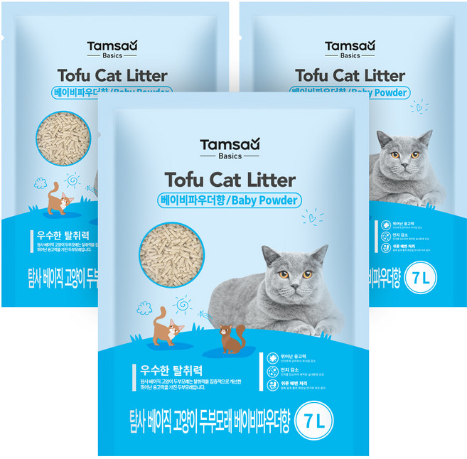 탐사 베이직 프리미엄 고양이 두부모래 베이비파우더향 7L (약 2.8 kg), 3개