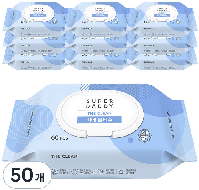 슈퍼대디 더클린 비데 물티슈 캡형, 60g, 60개입, 50개