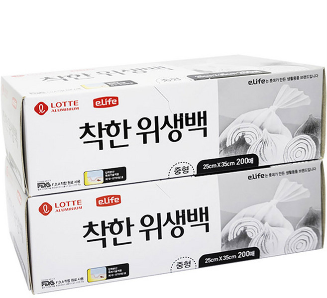 롯데이라이프 착한 위생백 25 x 35cm, 중(M), 200개입, 2개