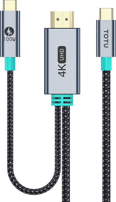 TOTU 拓途 4K UHD螢幕同步傳輸線 100W快充 Type-C轉接頭, 1.5m, 1條, 灰色