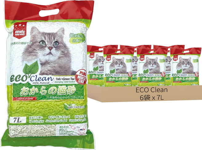 ECO Clean 豆腐貓砂, 6袋, 7L, 綠茶