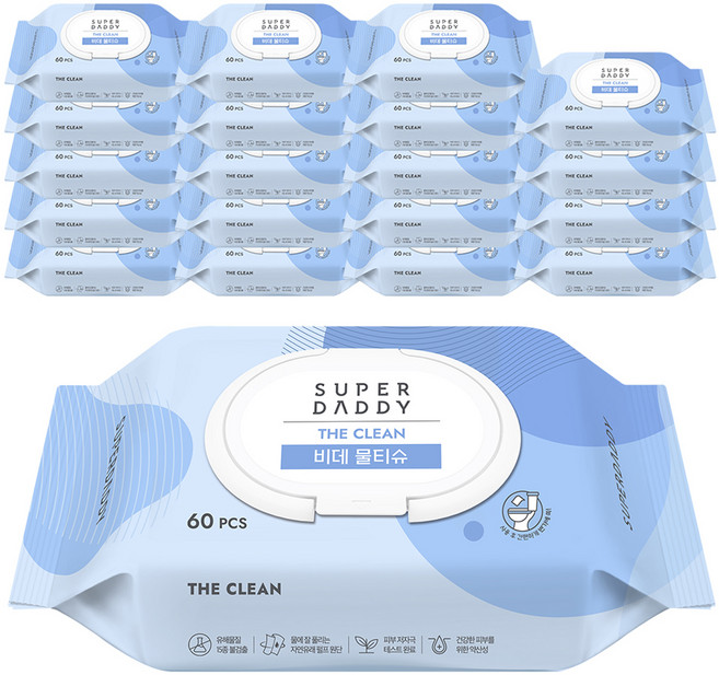 슈퍼대디 더클린 비데 물티슈 캡형, 60g, 60개입, 20개