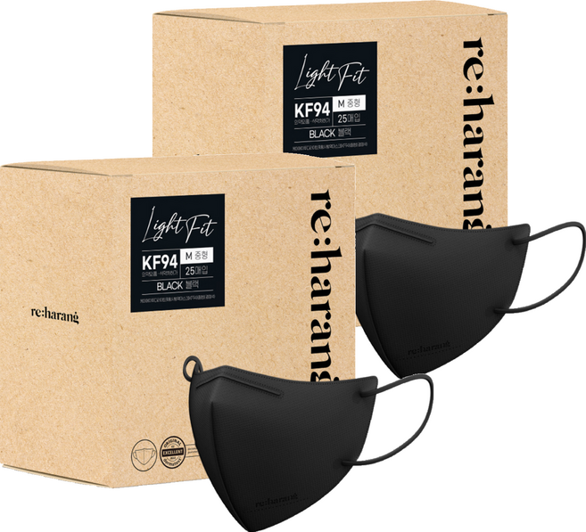 리하랑 KF94 라이트핏 2D 새부리형 일회용마스크 중형, 25개입, 2개, 블랙
