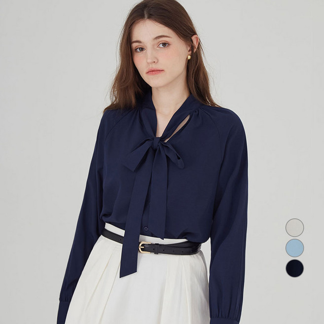 ELLE PARIS 링클프리 리본카라 셔링 블라우스