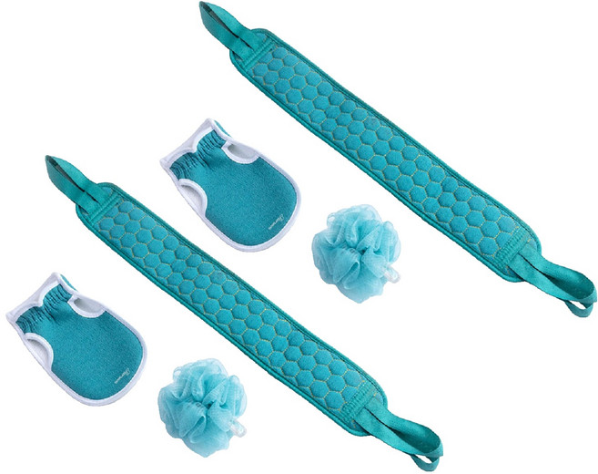 떼루와 목욕 샤워 각질제거 롱 때밀이 타올 + 때장갑 + 샤워볼 세트, 블루, 2세트