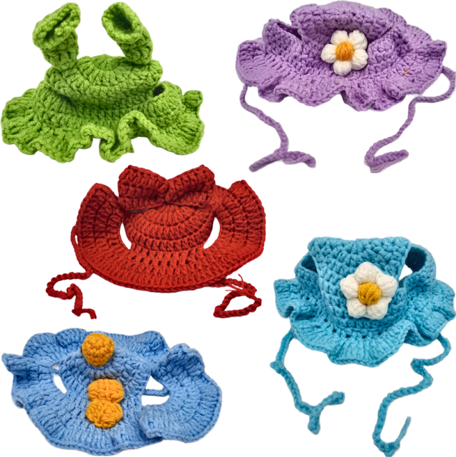 寵物編織帽, 紅蝴蝶結帽 + 綠荷葉帽 + 藍恐龍帽 + 天青藍花朵帽 + 紫花朵帽, 1組