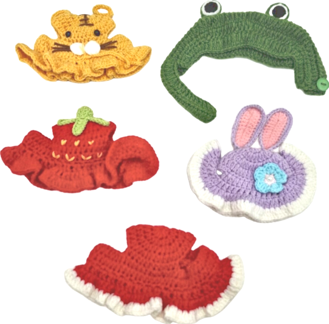寵物編織帽, 紫星露露兔帽 + 黃老虎帽 + 深綠蛙頭套 + 紅草莓帽 + 紅白邊帽, 1組