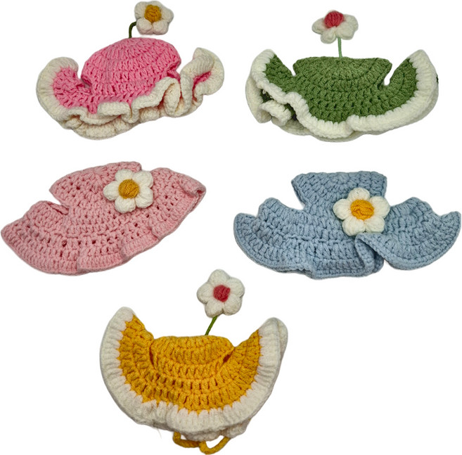 寵物頭套編織帽 5個, 粉花朵帽 + 藍花朵帽 + 粉白邊花苗帽 + 黃白邊花苗帽 + 綠白邊花苗帽, 1組