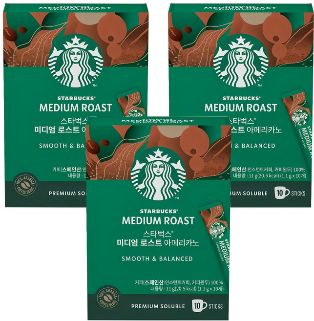 스타벅스 미디엄 로스트 아메리카노 스틱 원두커피믹스, 1.1g, 10개입, 3개